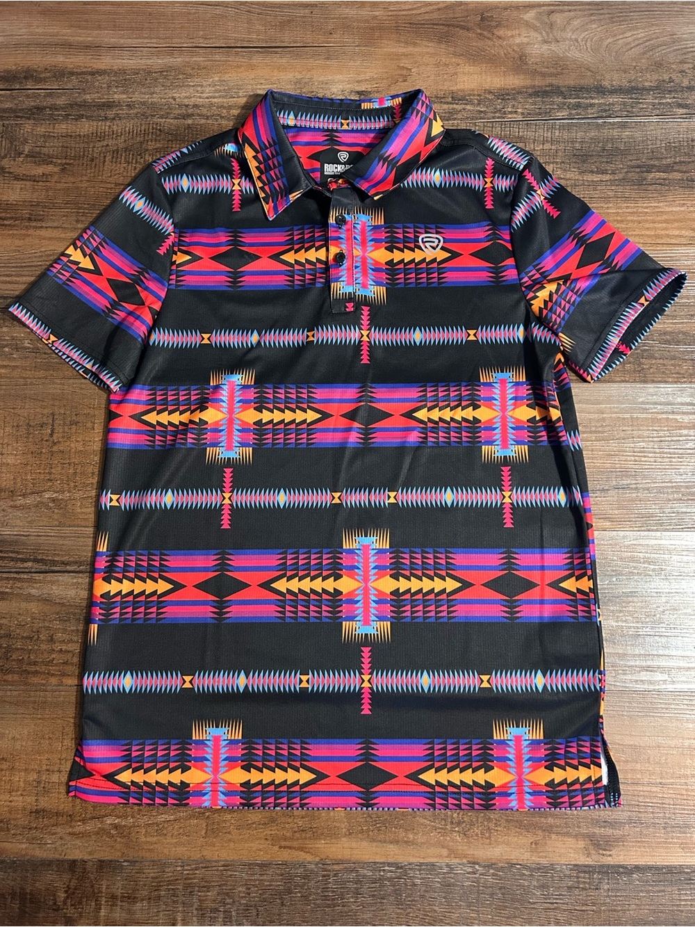 Rock & Roll Denim Men's Neon Orange and pink Western Aztec Print Polo Shirt Sz S